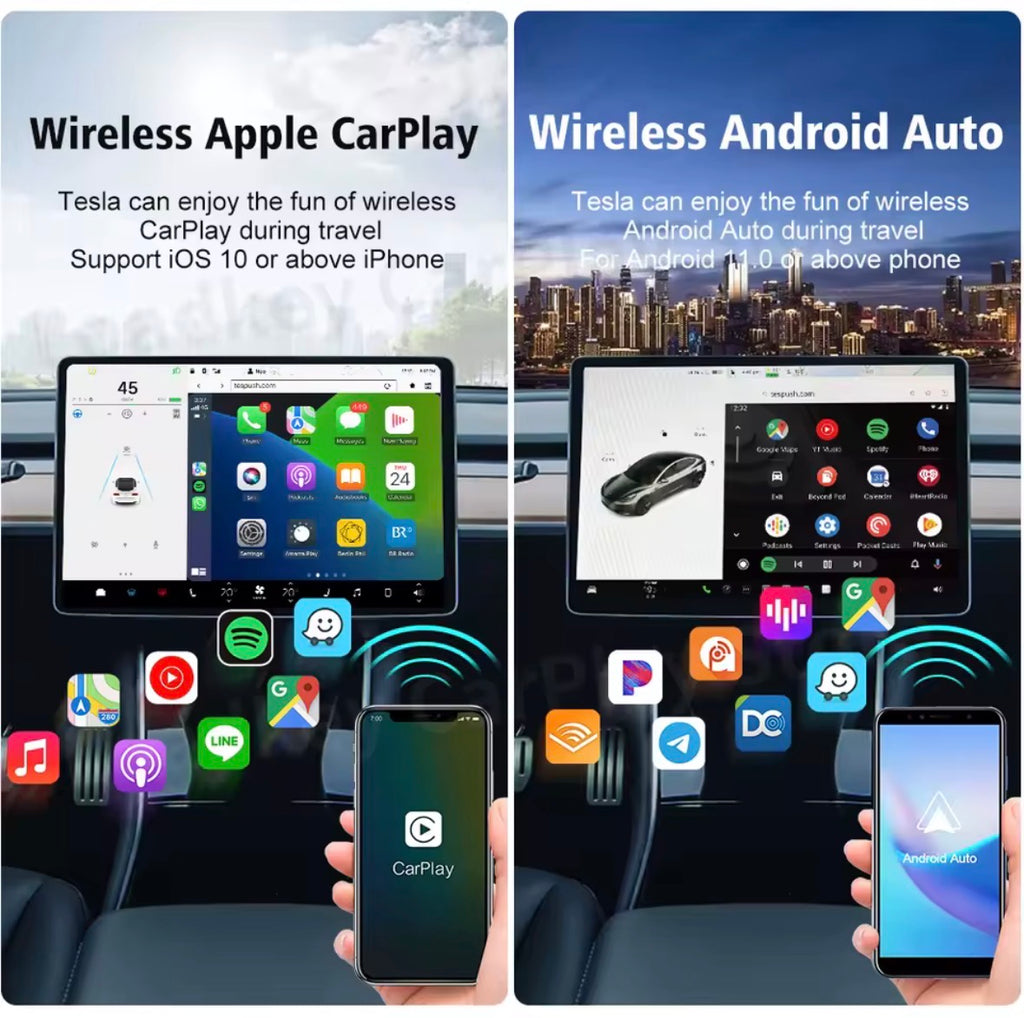 Présentation de CarPlay et Android Auto avec téléphones et écran Tesla