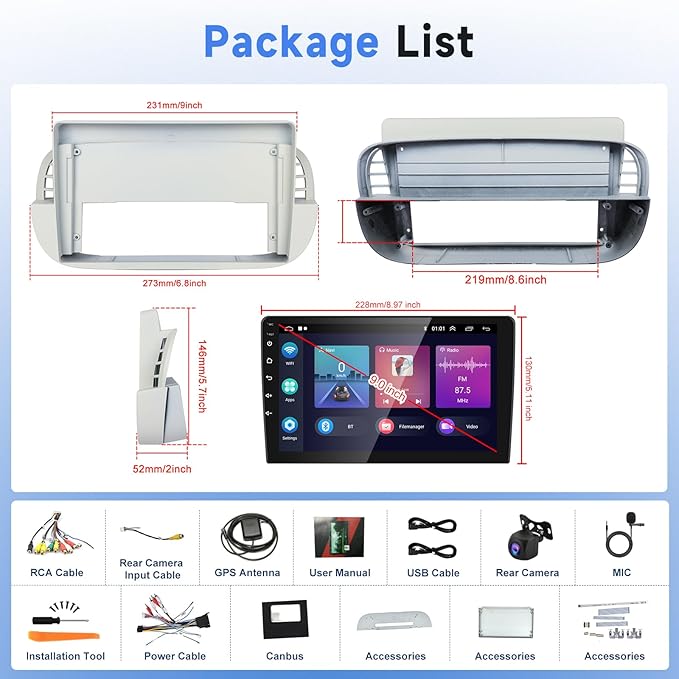 Autoradio Android CarPlay & Android Auto Fiat 500 (2007-2015) – Écran 9" GPS, WiFi, FM/RDS | YZ Detailing