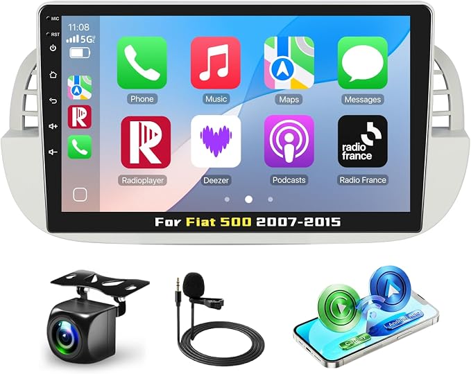 Autoradio Android CarPlay & Android Auto Fiat 500 (2007-2015) – Écran 9" GPS, WiFi, FM/RDS | YZ Detailing