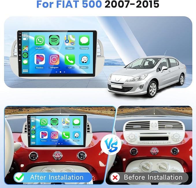 Autoradio Android CarPlay & Android Auto Fiat 500 (2007-2015) – Écran 9" GPS, WiFi, FM/RDS | YZ Detailing