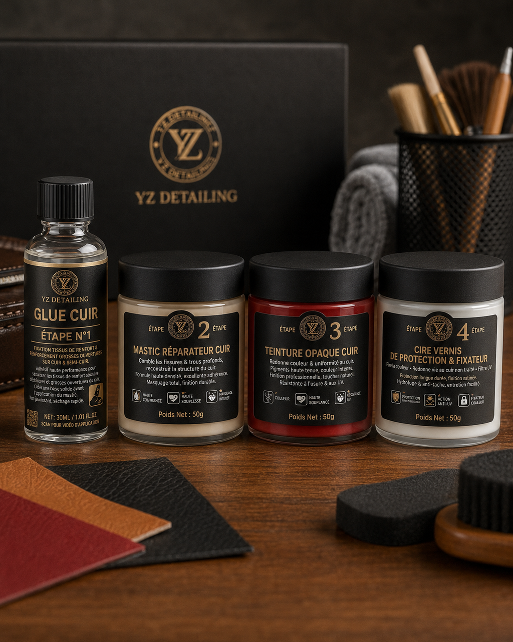 Kit Complet Rénovation Cuir YZ Detailing - coffret 4 étapes Glue, Mastic, Teinture, Cire
