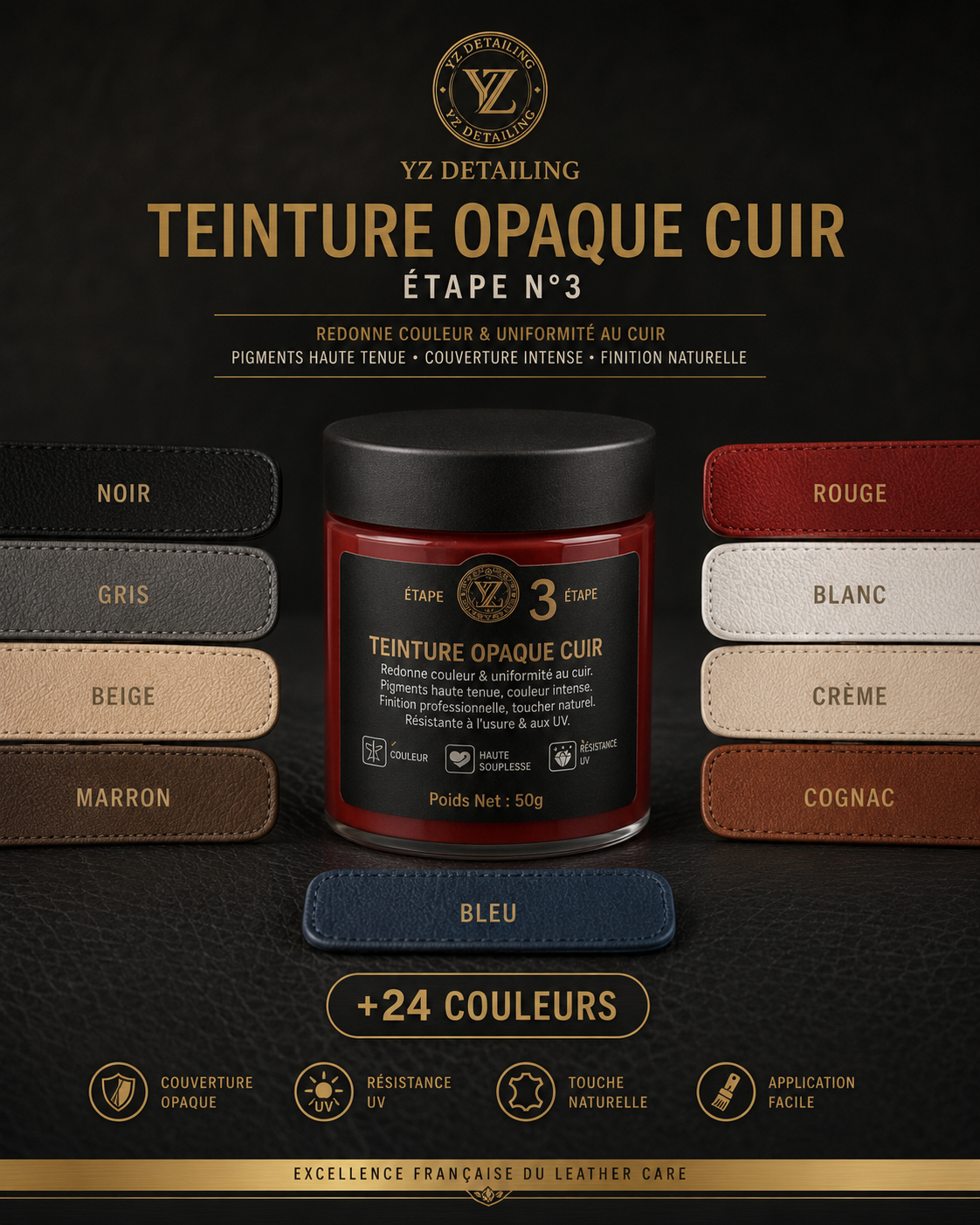 Nuancier Teinture Cuir 24 couleurs YZ Detailing - noir, beige, marron, cognac, rouge