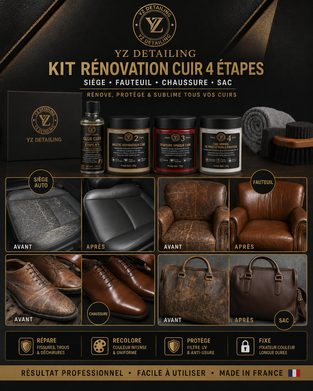 Kit Rénovation Cuir - système 4 étapes siège fauteuil chaussure sac