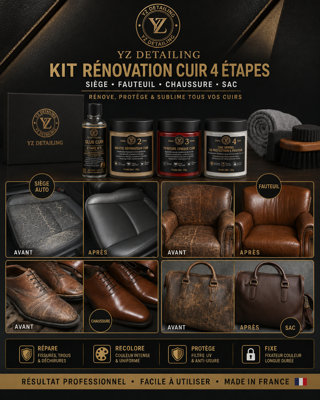 Kit Rénovation Cuir - système 4 étapes siège fauteuil chaussure sac