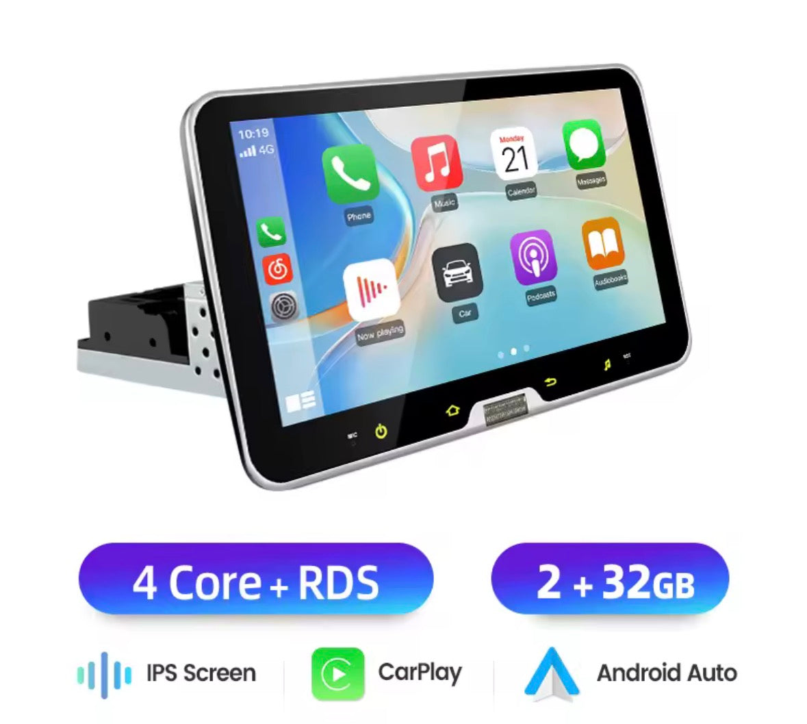 Écran android CarPlay rotatif de 10 pouces 1 Din universel polo 3 sans fil pour Apple Carplay Android Auto Autoradio Androidauto Stéréo Lecteur vidéo multimédia Systèmes intelligents GPS Navigation Unité principale Autoradio WIFI BT WIFI FM AM DSP RDS SWC
